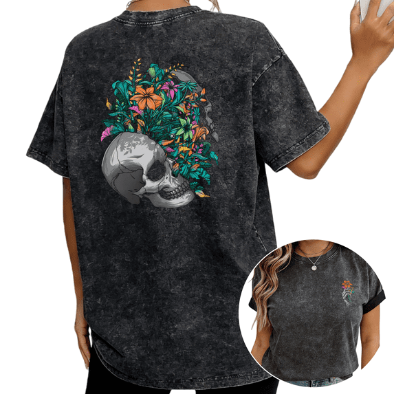 UNISHE Grunge Aesthetic Skull Flower Graphic Tee Retro Washed Casual Blouse for Women