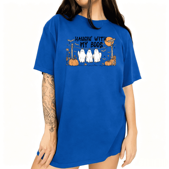 UNISHE HANGIN' WITH MY BOOS Halloween Ghost Graphic Tee Relaxed Crew Neck Short Sleeve Shirt