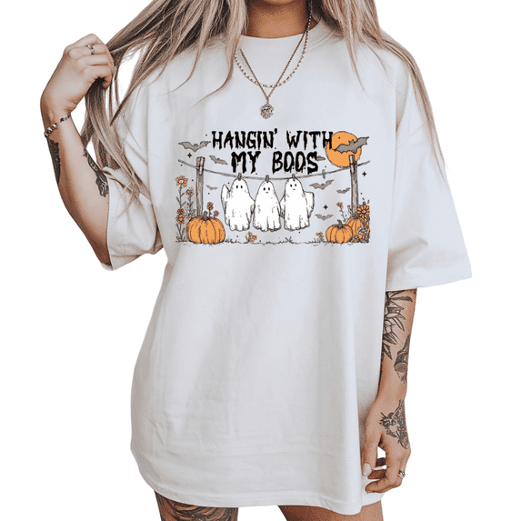 UNISHE HANGIN' WITH MY BOOS Halloween Ghost Graphic Tee Relaxed Crew Neck Short Sleeve Shirt