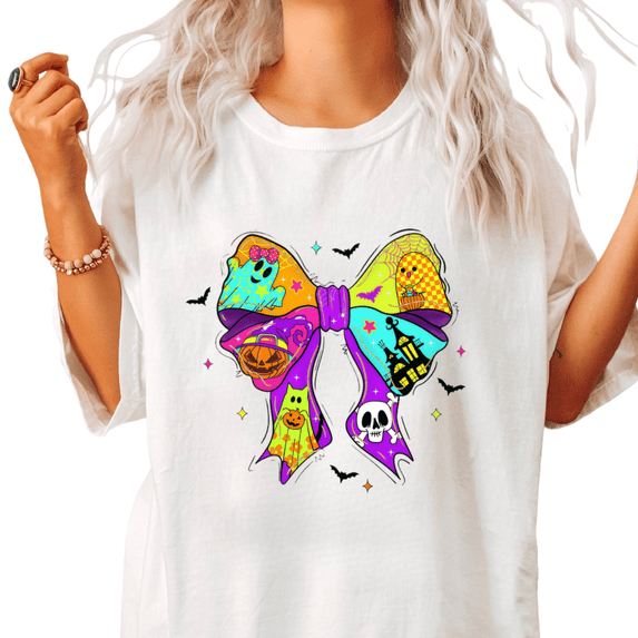 UNISHE Halloween Bow Graphic Tee Women's Crewneck Short Sleeve T-Shirt joy Pumpkin Ghost Print