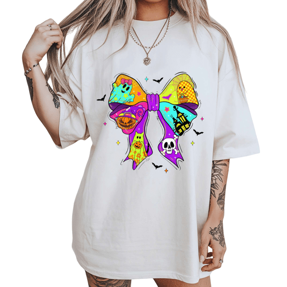 UNISHE Halloween Bow Graphic Tee Women's Short Sleeve Crewneck Seasonal Print T-Shirt