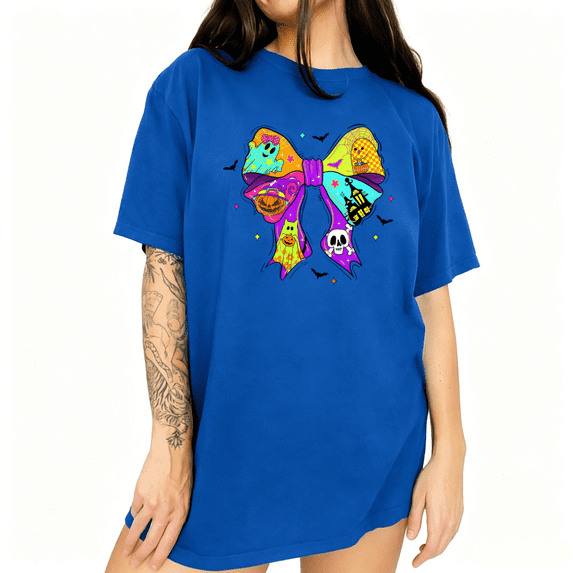 UNISHE Halloween Bow Graphic Tee Women's Short Sleeve Crewneck Seasonal Print T-Shirt