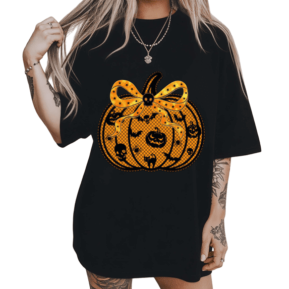 UNISHE Halloween Pumpkin Bow Pen Drawn Graphic Tee for Women Short Sleeve Crewneck Casual Holiday Top