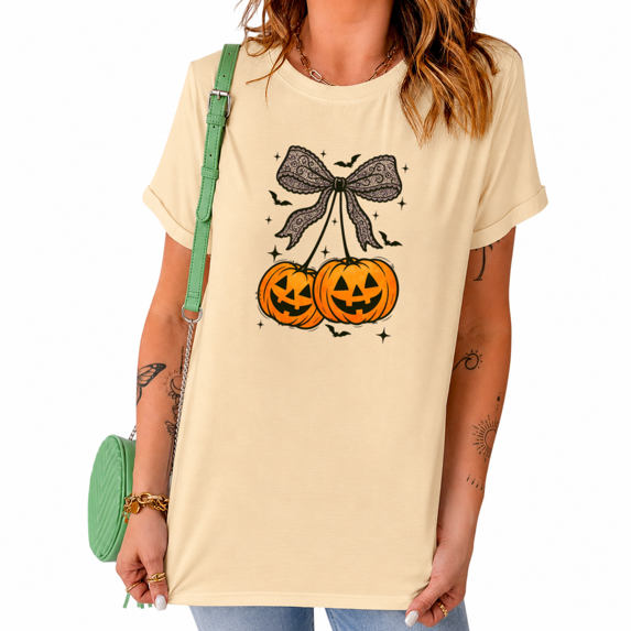 UNISHE Halloween Pumpkin Bow Short Sleeve Crewneck Graphic Tee