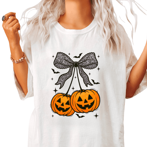 UNISHE Halloween Pumpkin Bow Short Sleeve Crewneck Graphic Tee