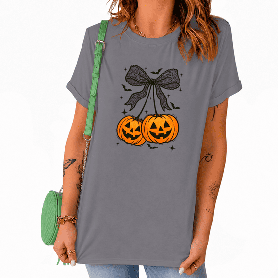 UNISHE Halloween Pumpkin Bow Short Sleeve Crewneck Graphic Tee