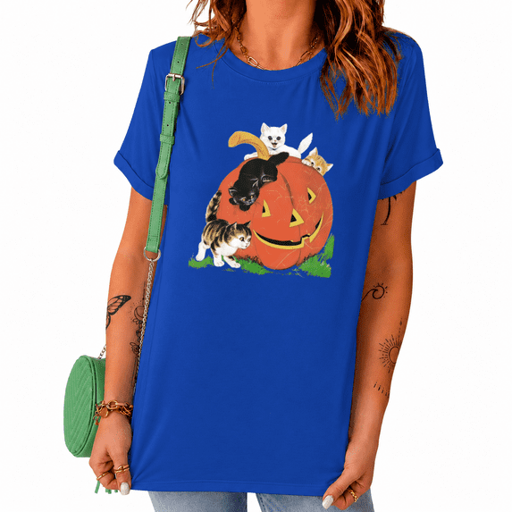 UNISHE Halloween Pumpkin Cat Relaxed Crew Neck Short Sleeve Graphic Tee