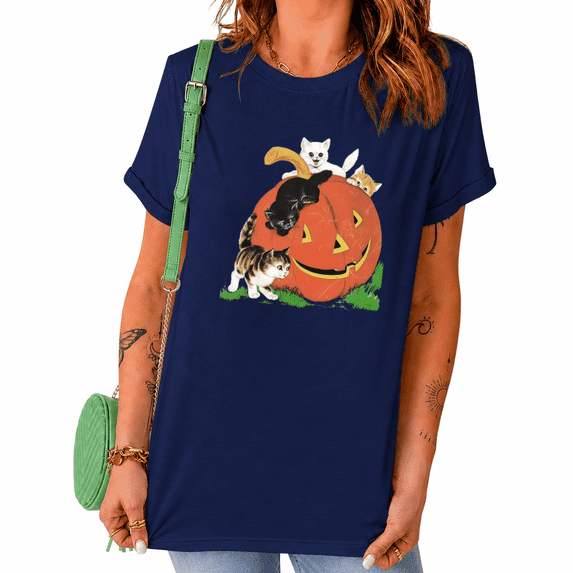 UNISHE Halloween Pumpkin Cat Relaxed Crew Neck Short Sleeve Graphic Tee