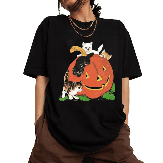 UNISHE Halloween Pumpkin Cat Relaxed Crew Neck Short Sleeve Graphic Tee