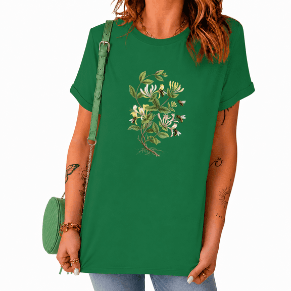 UNISHE Honeysuckle Bee Botanical Sketch Short Sleeve Graphic Tee for Women