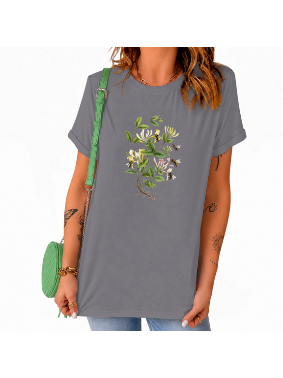 Honeysuckle Bee Botanical Sketch Short Sleeve Graphic Tee for Women