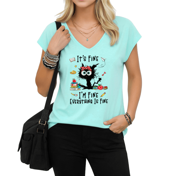 UNISHE It's Fine I'm Fine Everything Is Fine Teacher Cat Graphic Tees V-neck Print Tshirt Shirts White S-5XL Tops