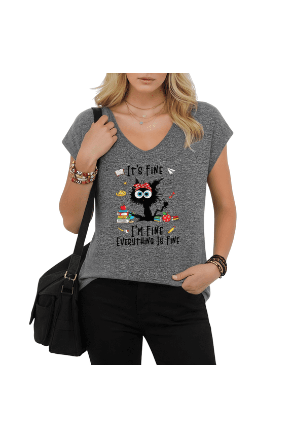 It's Fine I'm Fine Everything Is Fine Teacher Cat Graphic Tees V-neck Print Tshirt Shirts White S-5XL Tops