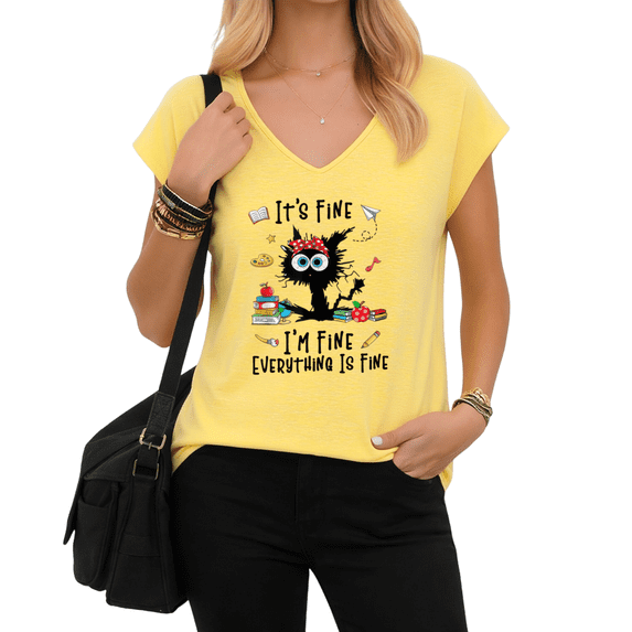 UNISHE It's Fine I'm Fine Everything Is Fine Teacher Cat Graphic Tees V-neck Print Tshirt Shirts White S-5XL Tops