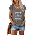 thumbnail image 1 of UNISHE Ladies Dark Gray Retro Cowboy Problem V Neck Short Sleeve T-Shirt Bold Statement Style S-5XL Tops, 1 of 6