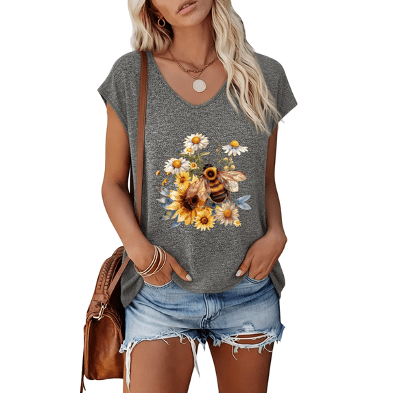 UNISHE Ladies Dark Gray Spring Bee Daisy Floral V Neck Short Sleeve T-Shirt Rustic Garden Style S-5XL Tops