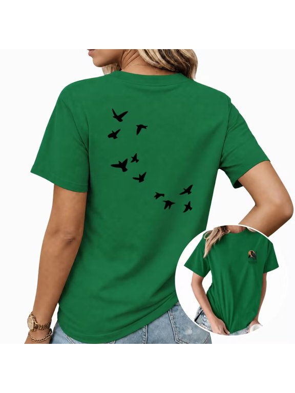 Ladies Double-Sided Bird Graphic T-Shirt Small Front Logo Large Back Silhouette Print Tee Round Neck Short Sleeve Casual Top