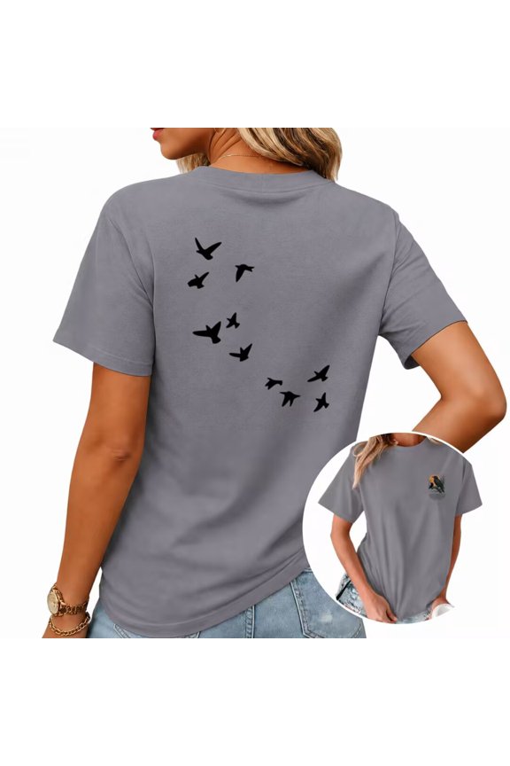 Ladies Double-Sided Bird Graphic T-Shirt Small Front Logo Large Back Silhouette Print Tee Round Neck Short Sleeve Casual Top