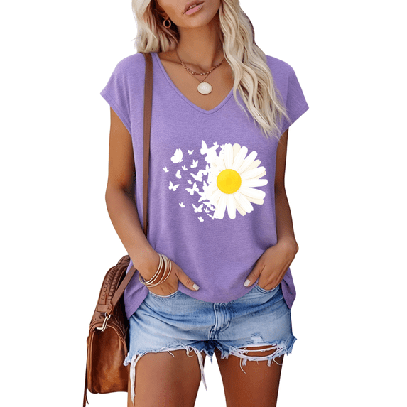 UNISHE Ladies Purple Pastel Daisy Butterfly V Neck Short Sleeve T-Shirt Spring Floral Style S-5XL Tops