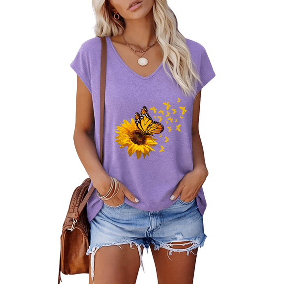 UNISHE Ladies Purple Rustic Sunflower Butterfly V Neck Short Sleeve T-Shirt Farmhouse Floral Style S-5XL Tops