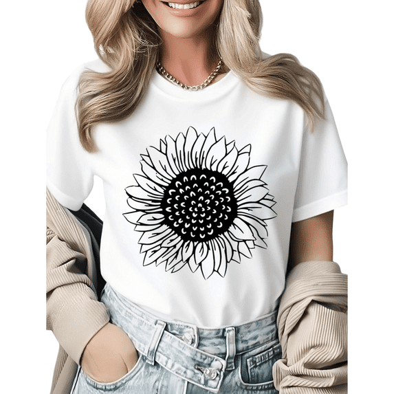 UNISHE Line Art Sunflower Womens Print Tshirt Graphic Tees White/Black S-5XL Tops