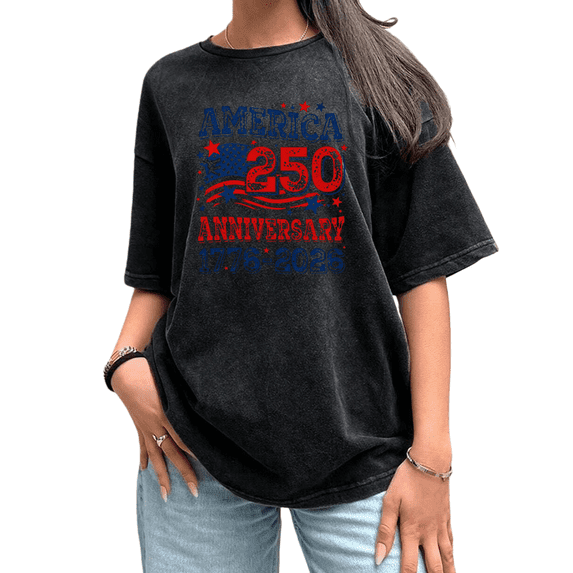 UNISHE Mineral Washed Womens T-Shirt 1776 2026 Anniversary Art Black Boxy Vintage Inspired S-2XL Tops