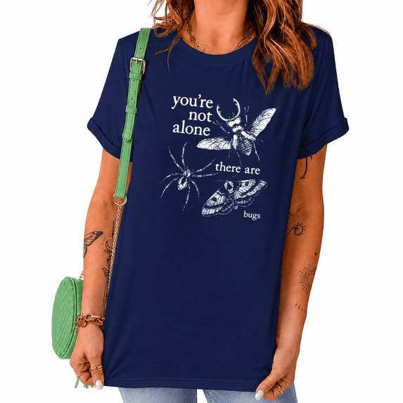 UNISHE Navy Blue Women's Casual Dark Retro Lady Goth Bug Insect Graphic Short Sleeve T-Shirt Tops