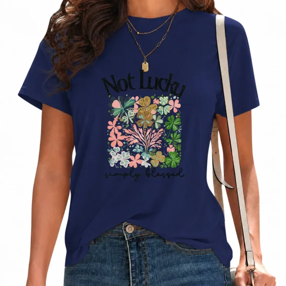 UNISHE Not Lucky Simply Blessed Tee St. Patrick's Day Tee Retro Good Luck Religious Tops Navy, S