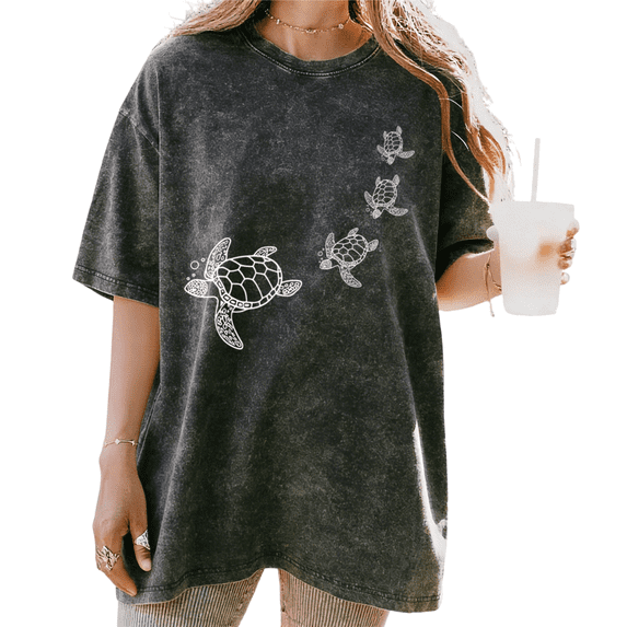 UNISHE Ocean Themed Sea Turtle Family Washed Short Sleeve Crew Neck T-Shirt