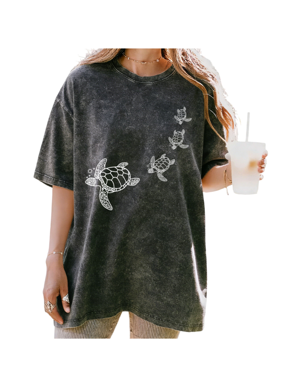 Ocean Themed Sea Turtle Family Washed Short Sleeve Crew Neck T-Shirt