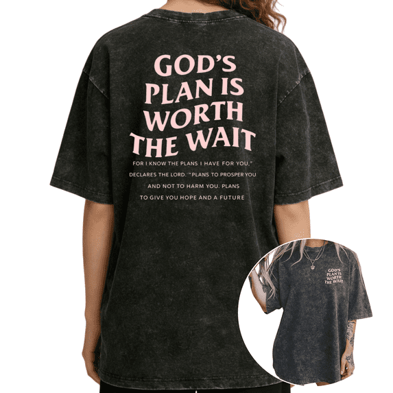 UNISHE Oversized Black Womens T-Shirt Gods Plan Is Worth The Wait Graphic Acid Washed Drop Shoulder S-2XL Tops