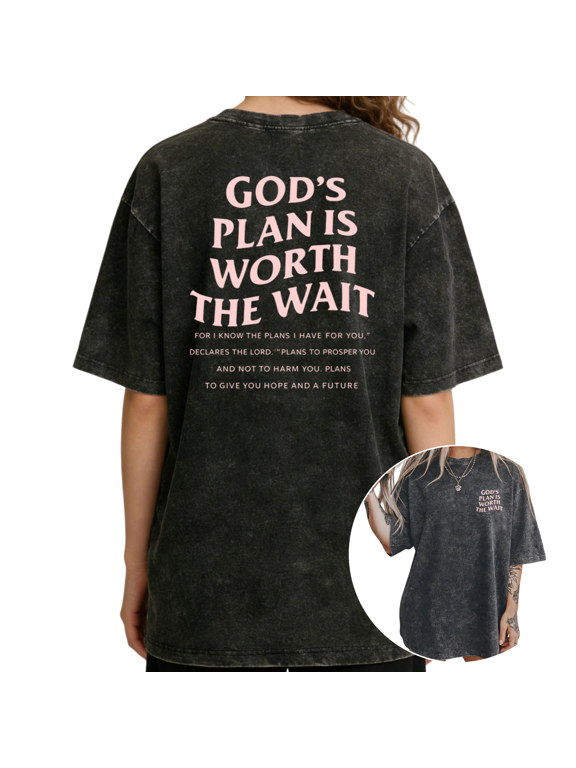 Oversized Black Womens T-Shirt Gods Plan Is Worth The Wait Graphic Acid Washed Drop Shoulder S-2XL Tops