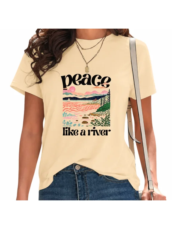 Peace Like A River Graphic T-Shirt Retro Wavy Stream Mountain Wilderness Apparel Beige, XL
