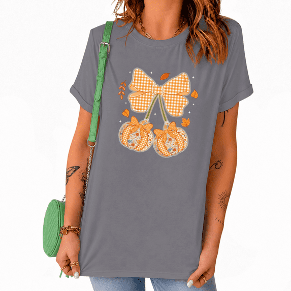UNISHE Plaid Bow Pumpkin Cute Hand Drawn Fall Design for Women Short Sleeve Crew Neck Graphic Tee
