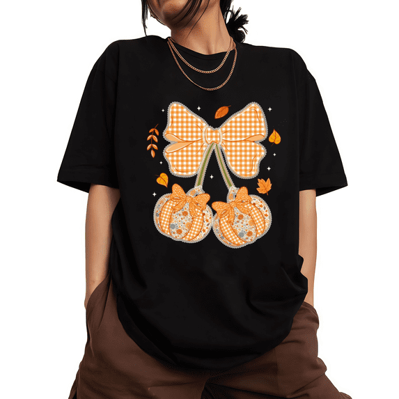 UNISHE Plaid Bow Pumpkin Cute Hand Drawn Fall Design for Women Short Sleeve Crew Neck Graphic Tee