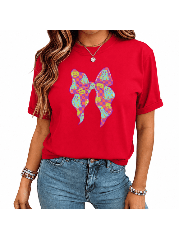 Playful Halloween Bow Pumpkin Bat Print T-Shirt Women's Short Sleeve Crewneck