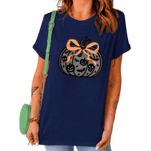 UNISHE Pumpkin Bow Halloween Cute pen Drawn Crewneck Short Sleeve Women's Graphic Tee