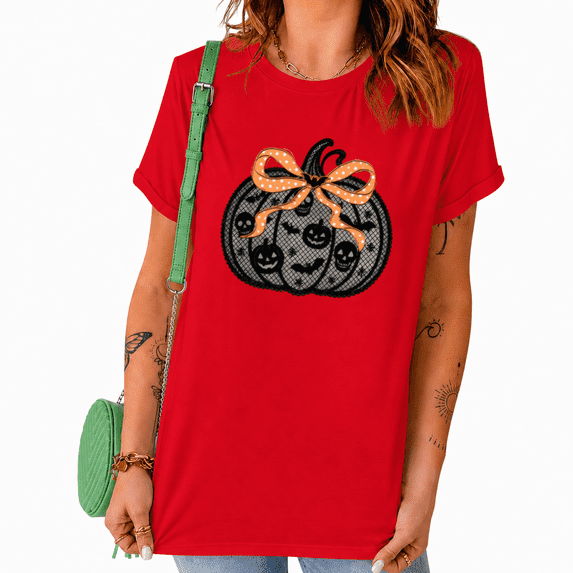 UNISHE Pumpkin Bow Halloween Cute pen Drawn Crewneck Short Sleeve Women's Graphic Tee