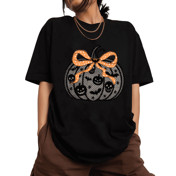 UNISHE Pumpkin Bow Halloween Cute pen Drawn Crewneck Short Sleeve Women's Graphic Tee