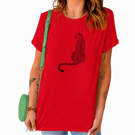UNISHE Red Women's Boho Minimal Line Side Profile Sitting Cheetah Graphic Short Sleeve T-Shirt Tops