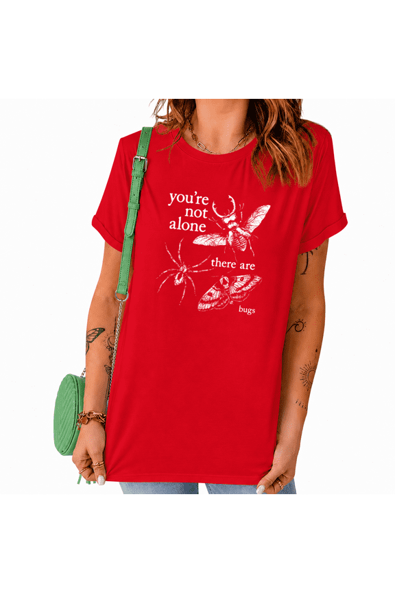 Red Women's Casual Dark Retro Lady Goth Bug Insect Graphic Short Sleeve T-Shirt Tops