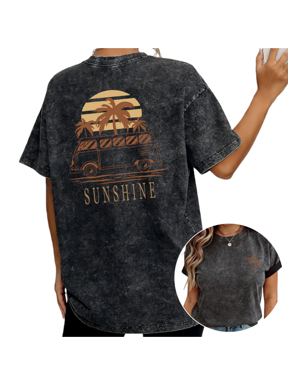 Retro Sunshine Camper Van Graphic Wash Print Tshirt S-2XL Vintage Black Graphic Tees Gift Shirts for Summer Lover Tops