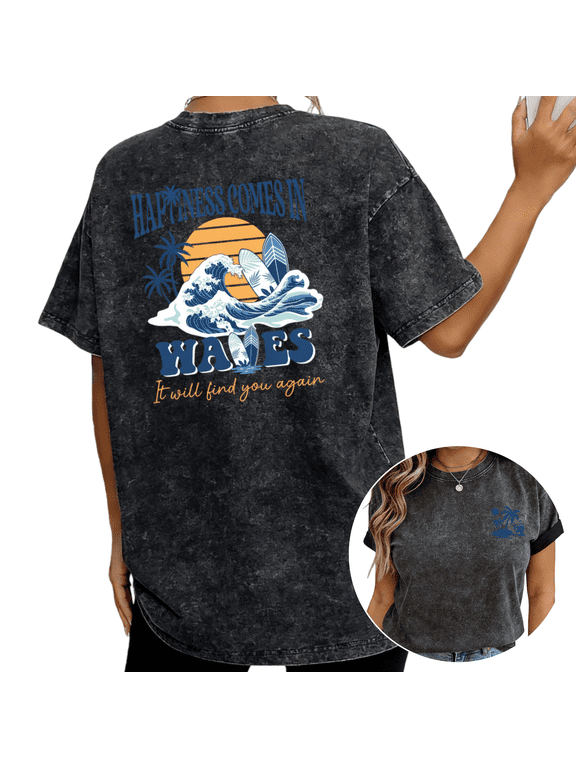 Retro Sunshine Camper Van Graphic Wash Print Tshirt S-2XL Vintage Black Graphic Tees Gift Shirts for Summer Lover Tops