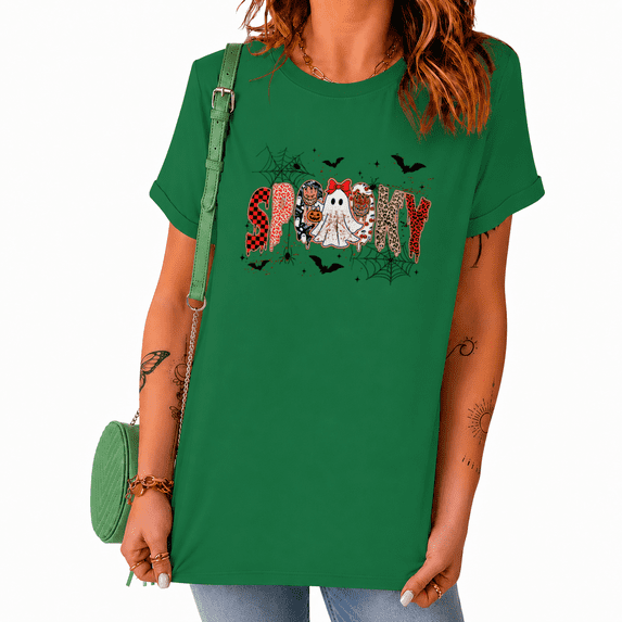 UNISHE SP0OKY Halloween Graphic Tee Short Sleeve Crewneck Casual T-Shirt