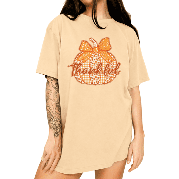UNISHE Thankful Pumpkin Graphic Tee Seasonal Thanksgiving Short Sleeve Crewneck T-Shirt