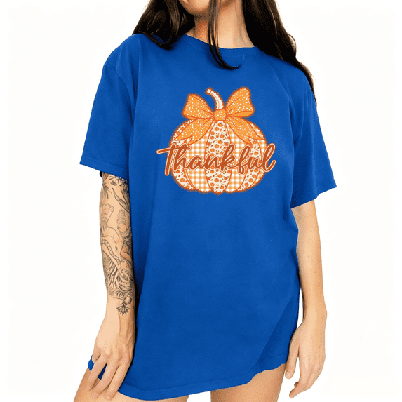 UNISHE Thankful Pumpkin Graphic Tee Seasonal Thanksgiving Short Sleeve Crewneck T-Shirt