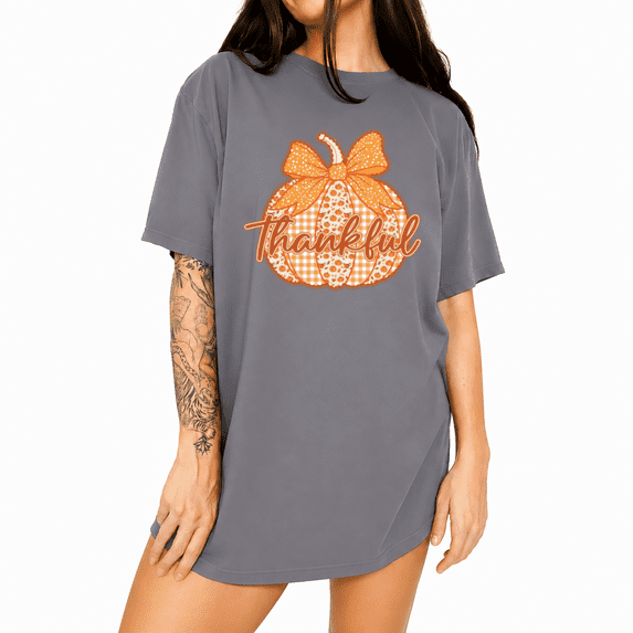 UNISHE Thankful Pumpkin Graphic Tee Seasonal Thanksgiving Short Sleeve Crewneck T-Shirt