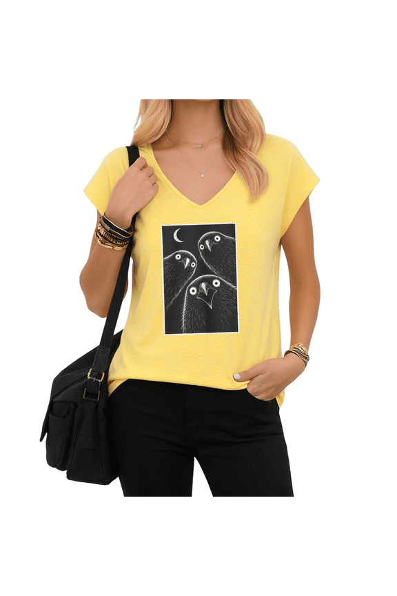 Three Black Crows Under Crescent Moon Graphic Tees V-neck Print Tshirt Shirts White S-5XL Tops