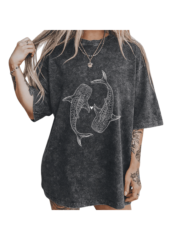 Twin Shark Ocean Giant Sharks Love Graphic Tee Oversized Ocean Print Vintage Washed T-Shirt