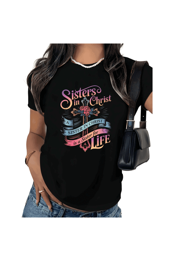 Unisex Faith Graphic Short Sleeve T-Shirt Cotton Crewneck Sisters in Christ Cross Graphic Tees Shirts